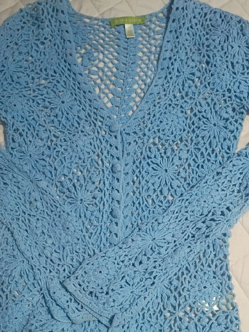 Sigrid Olsen Light Blue Crochet V-Neck Cardigan